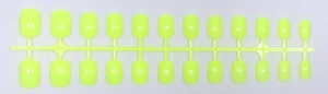 Detail of neon yellow short square round glossy press-on nails in 24-piece pack set