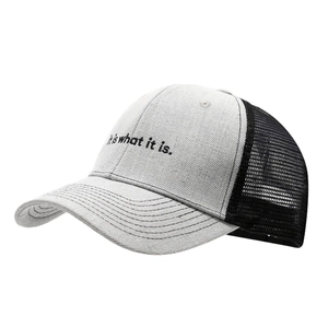 Minimalist mesh baseball cap with it is what it is embroidery and curved brim in grey