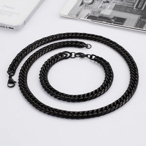 Men's bold black stainless steel Cuban link chain necklace and bracelet jewelry set