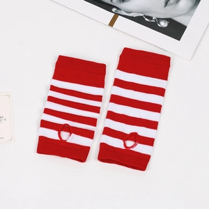 Detail of red and white striped knitted arm sleeves with thumb hole and elastic fabric