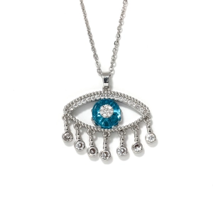 Silver evil eye necklace with blue gemstone and hanging white cubic zirconia stones