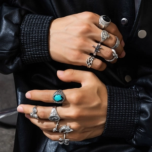 Vintage silver turquoise gemstone ring set featuring skull and spider gothic designs