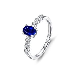 Elegant S925 sterling silver ring with oval blue gemstone and small round white diamonds