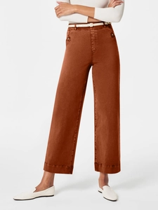 Caramel wide-leg straight denim trousers with high waist and white decorative belt