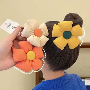 Cute sunflower hair scrunchies for girls in yellow, orange and cream linen fabric