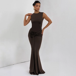 Detail showing the elegant waist twist knot and ruched design of the dark brown maxi dress