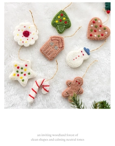 Detailed overhead view of festive wool felt Christmas ornaments on white faux fur background