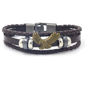 Bracciale multistrato in pelle intrecciata con aquila vintage e perline di bronzo