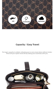 Detail of large brown leather tote bag with DH pattern and spacious interior for daily items