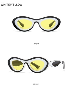 Close-up of modern sunglasses featuring white dual-layer frames and yellow lenses