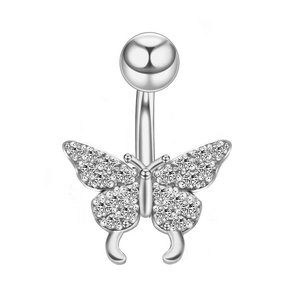 Silver butterfly belly button ring with sparkling crystals on a white background