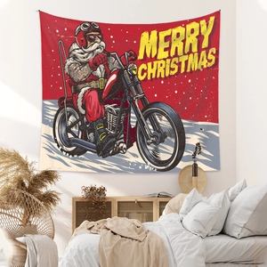 Detail of Bohemian Christmas tapestry featuring a retro Santa riding a motorcycle on a wall
