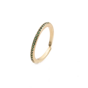 Detail of gold open ring featuring a row of micro-set green round cubic zirconia stones