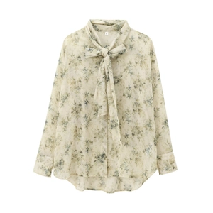 Chemise fleurie à manches longues pour femmes avec imprimé botanique et col à nœud papillon
