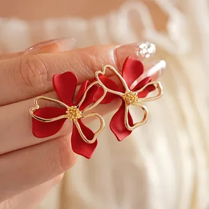 French vintage red flower earrings with gold hollow edges and matte petals for women