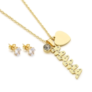 Gold stainless steel MAMA heart necklace and diamond stud earrings jewelry set