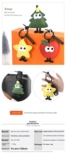 Detailed view of Christmas tree and apple PU leather charms with dimensions and hook detail