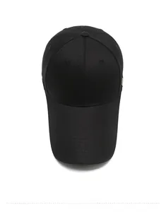 Top down view of a black cotton twill baseball cap showing its classic six-panel design