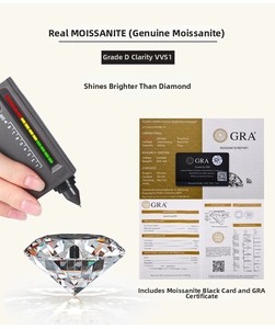 Macro view of D color VVS1 moissanite diamond with GRA certificate and testing pen