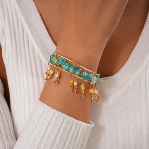 Bohemian multilayer beaded wrap bracelet with blue crackle glass and gold leaf drops