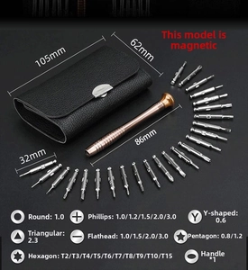 Detail view of 24 magnetic precision bits and aluminum handle in compact leather case