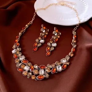 Vintage Drop Shape Necklace And Earrings Alloy Rhinestone Crystal Jewelry With Silver Earring Post Elegant For Women