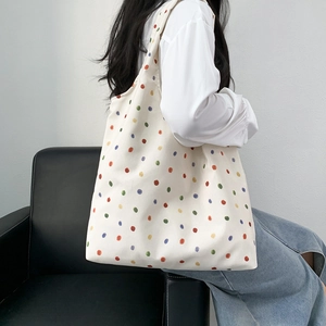 Large capacity floral canvas tote bag with colorful dots for women's daily shopping use