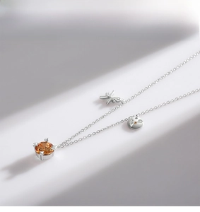Detail of silver necklace with amber gemstone pendant and dragonfly charm in soft light