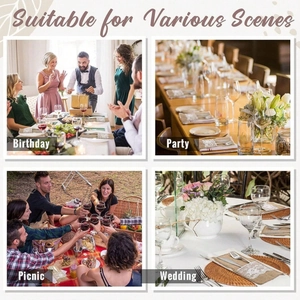 Linen and lace cutlery holder set shown in birthday, party, picnic, and wedding scenes
