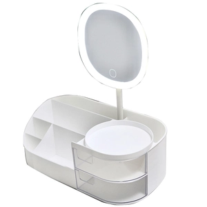 Cosmetic organizer with LED mirror, multi-compartment drawers, white makeup storage box