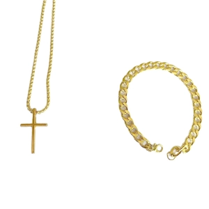 Golden cross pendant necklace and curb chain bracelet jewelry set for women