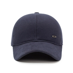 Winter men's navy blue wool baseball cap with warm ear protection and metal detail