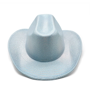 Close-up of light blue metallic cowboy hat with cattleman crease and textured weave