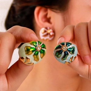 18K gold plated enamel flower earrings featuring dragonfly blue and green gradients