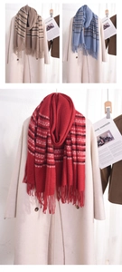 Detail view of plaid cashmere scarf with tassels in beige, blue and red color options