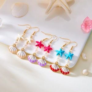 Shell and starfish drop earrings with pearls and gold-plated hooks in multiple colors