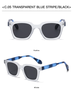 Square matte sunglasses with transparent blue stripe frame and black lenses in multiple views