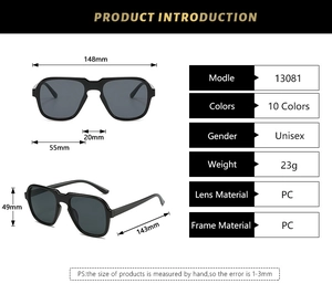 Detailed size chart of unisex square pilot sunglasses showing PC frame dimensions