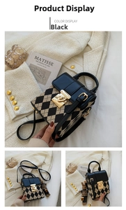 Detail of French tweed plaid mini bag with gold lock and teddy bear charm accessory