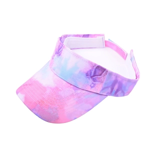 Tie-dye sun visor hat in pink and blue gradient with wide brim and adjustable strap