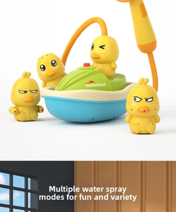 Electric yellow duck bath toy set with motorboat base and four unique spraying ducks
