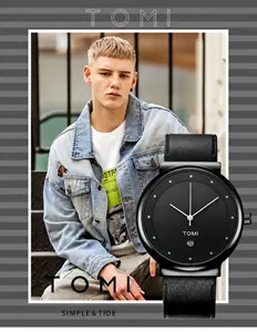 Close-up of a minimalist black quartz watch with leather strap and date display function
