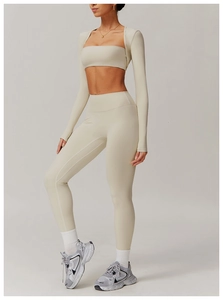 Side view of high waist quick-dry yoga set with cream long sleeve top and leggings