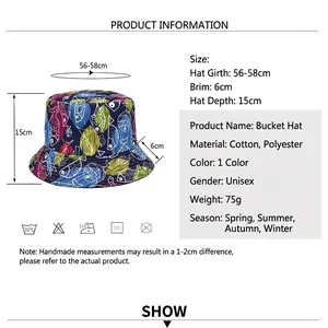 Reversible bucket hat with sea animal fish prints showing size dimensions and fabric details