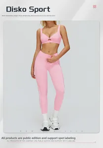 Détails de l'ensemble de yoga rose avec soutien-gorge noué et rayures blanches latérales