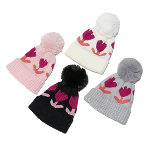 Kids Knit Beanie Hat Acrylic Warm Winter Flower Jacquard Tulip Pattern With Large Pom Pom For Toddler Girls