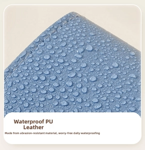 Macro detail of waterproof light blue PU leather with lychee texture and fine stitching
