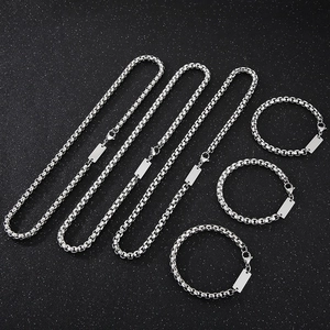 Minimalist Stainless Steel Box Chain Necklace Bracelet Set With Blank Square ID Tag Pendant Gold Silver Jewelry For Men Women