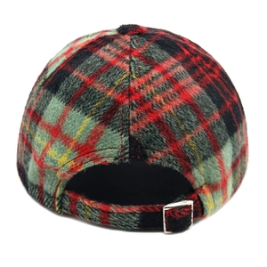 Detail view of the vintage plaid baseball cap with adjustable silver metal buckle