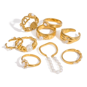 Set of gold stainless steel pearl rings for women in various elegant minimalist designs